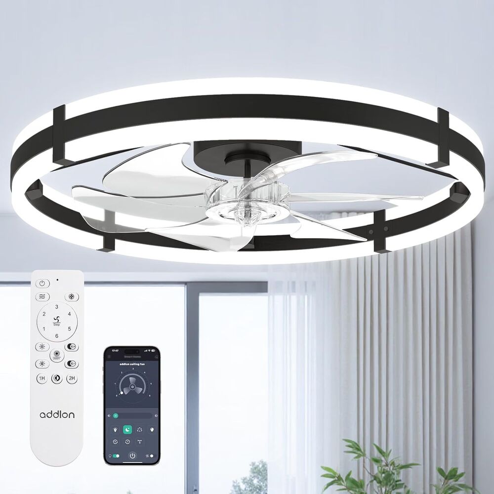 24" Low Profile Modern Fandelier Ceiling Fan w Light App, Remote, Black, addlon